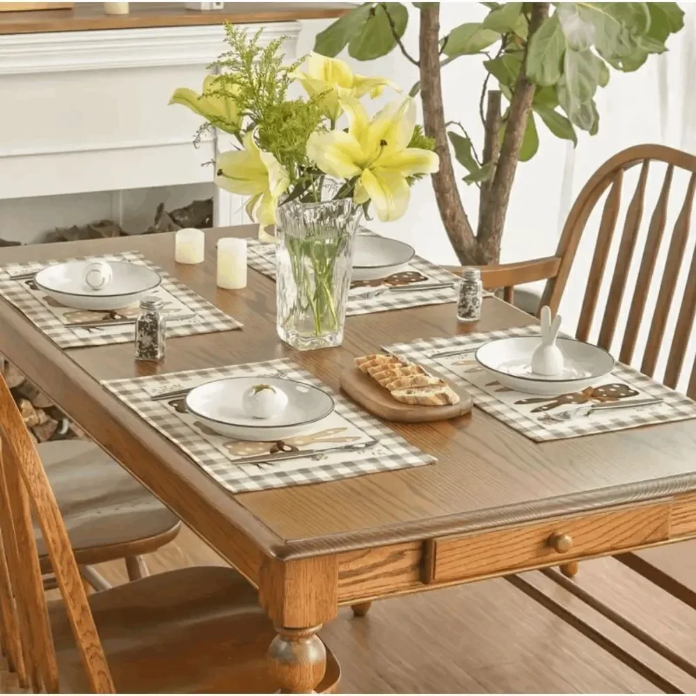 Brand New Nude Tone Linen Buffalo Plaid Easter Bunny Placemats - Set of 4
